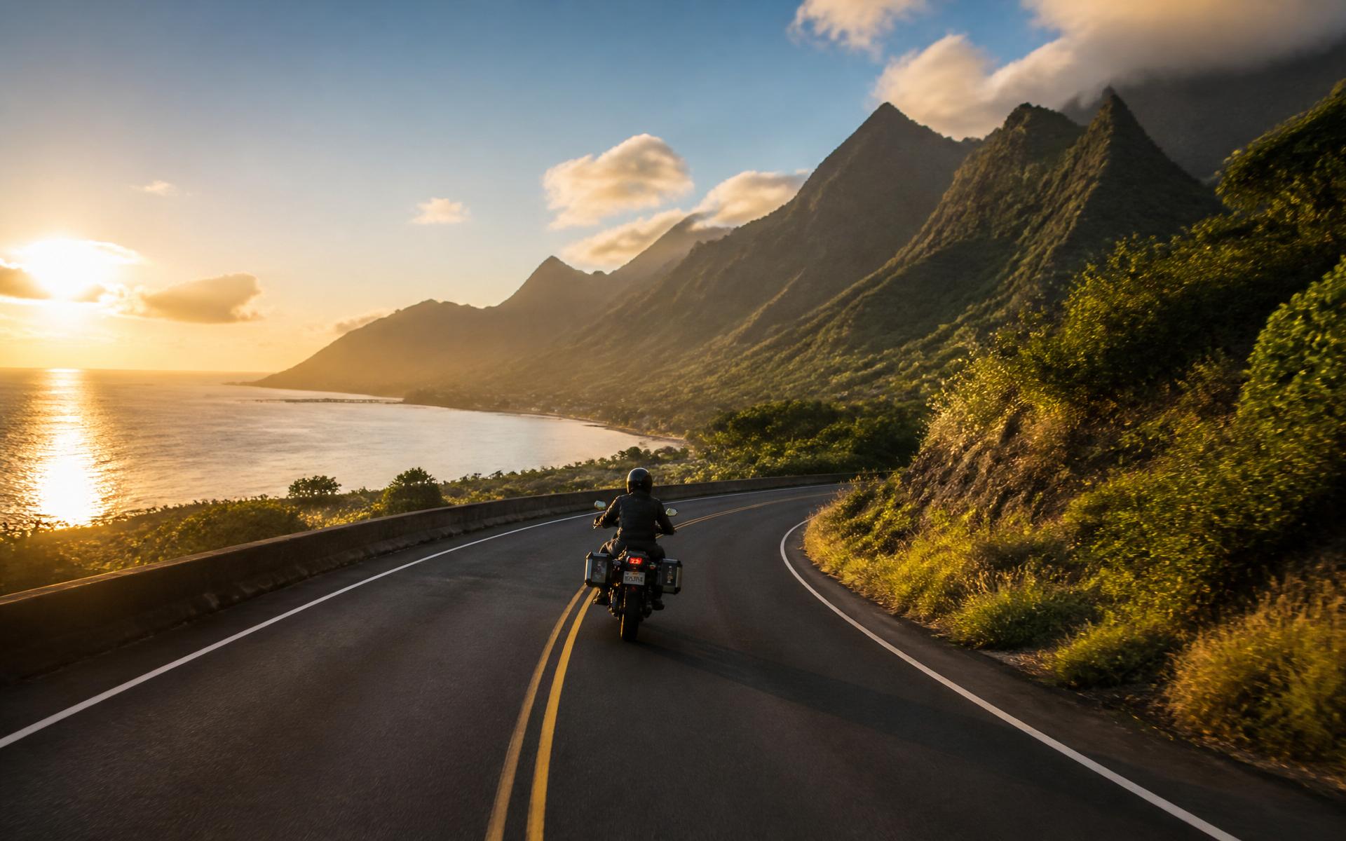 Motard sur une route côtière de Polynésie française au coucher du soleil